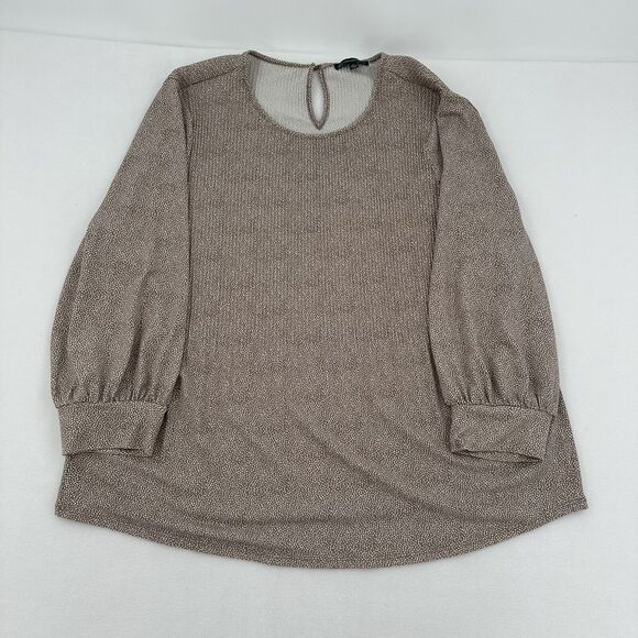 Adrianna Papell Women Sz XL Brown Dot Key Hole Blouse Long Balloon Sleeve Ruffle - Picture 6 of 11